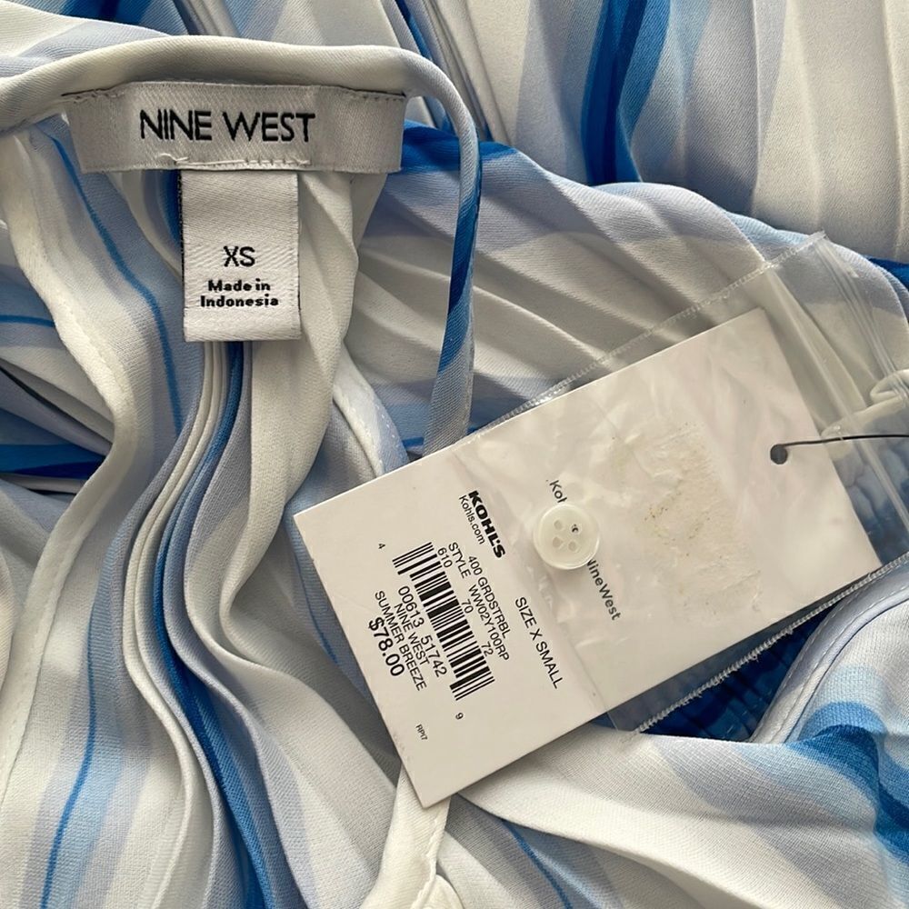 Nine West blue white accordion pleated shark bite hem high neck midi dress NEW - Picture 10 of 16